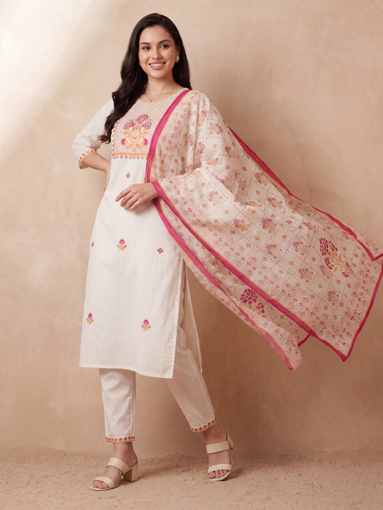 Indo Era White Embroidered Straight Kurta Trousers With Dupatta Set