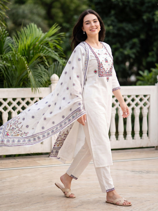 Indo Era White Embroidered Straight Kurta Trousers With Dupatta Set