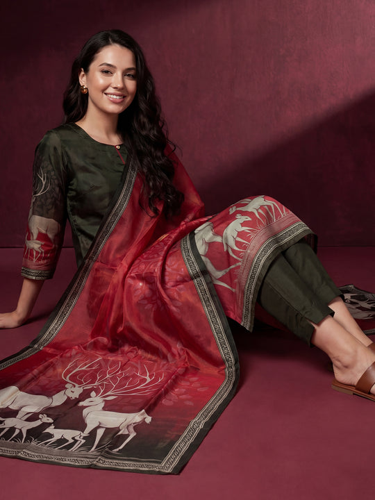Indo Era Green Printed Straight Kurta Trousers With Dupatta Set