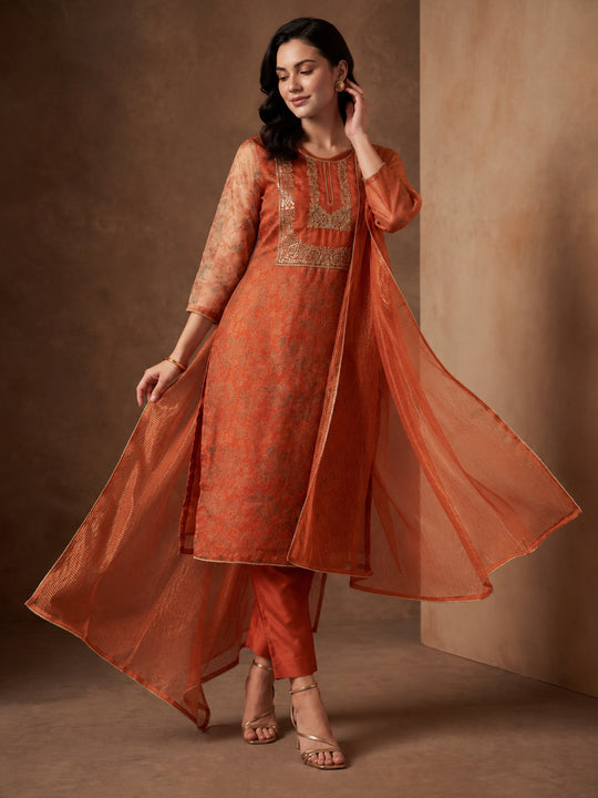 Indo Era Rust Embroidered Straight Kurta Trousers With Dupatta Set