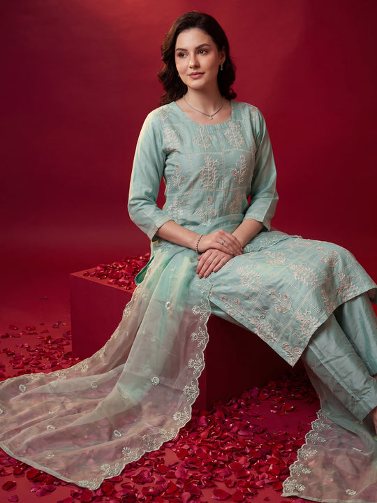 Indo Era Sea Green Embroidered Straight Kurta Trousers With Dupatta Set