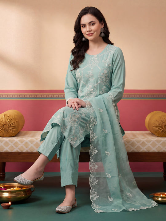 Indo Era Sea Green Embroidered Straight Kurta Trousers With Dupatta Set