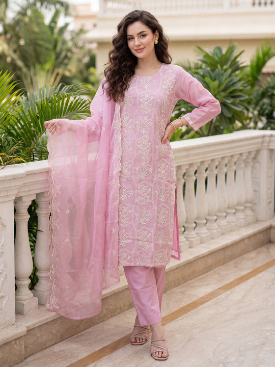 Indo Era Pink Embroidered Straight Kurta Trousers With Dupatta Set