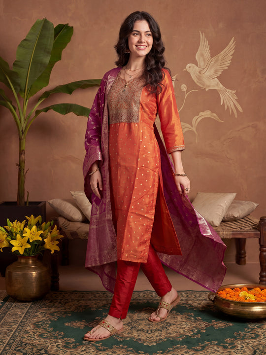 Indo Era Orange Embroidered Straight Kurta Trousers With Dupatta Set