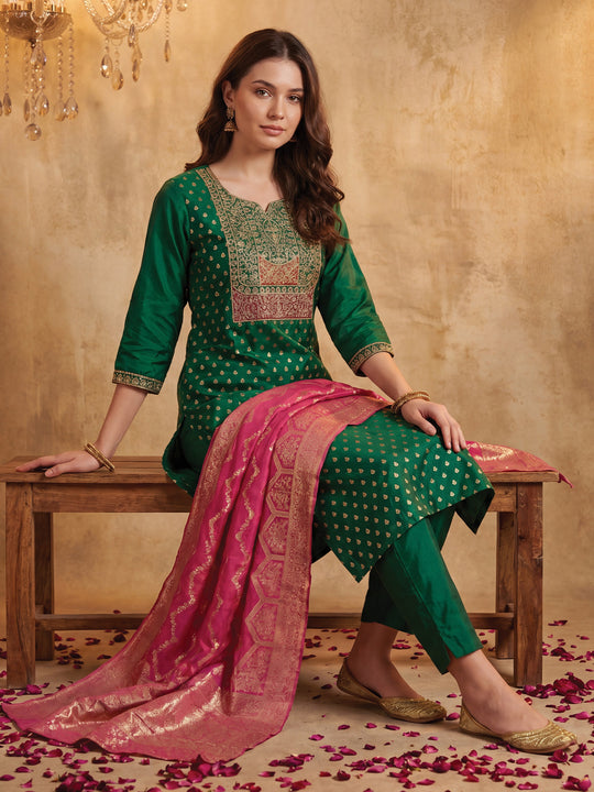 Indo Era Green Embroidered Straight Kurta Trousers With Dupatta Set