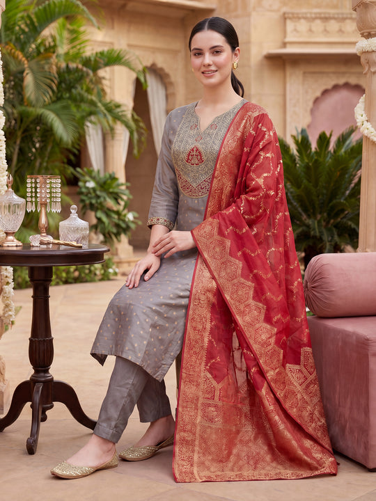 Indo Era Grey Embroidered Straight Kurta Trousers With Dupatta Set