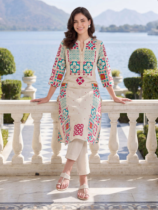 Indo Era Off White Printed A-Line Kurta Trousers Set