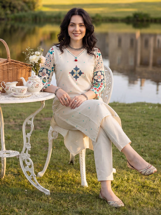 Indo Era Off White Printed Straight Kurta Trousers Set