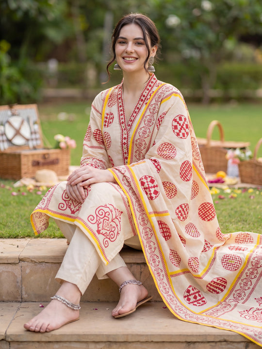 Indo Era Beige Printed Straight Kurta Trousers With Dupatta Set