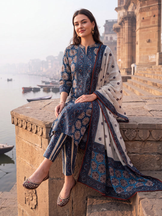 Indo Era Blue Printed Straight Kurta Trousers With Dupatta Set