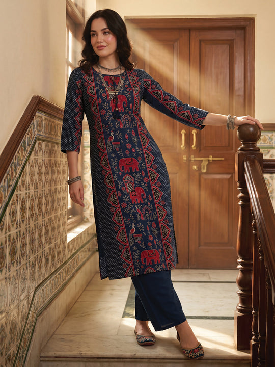 Indo Era Blue Printed Straight Kurta Trousers Set