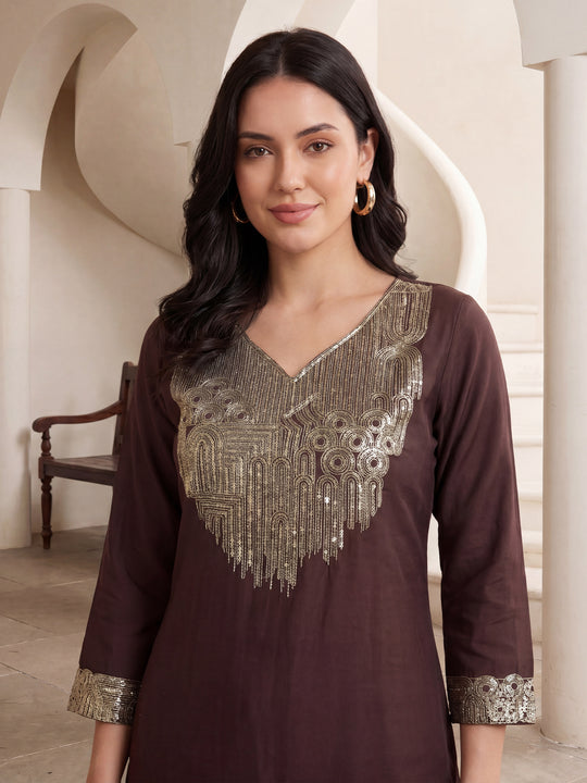 Indo Era Brown Embroidered Straight Kurta Trousers Set