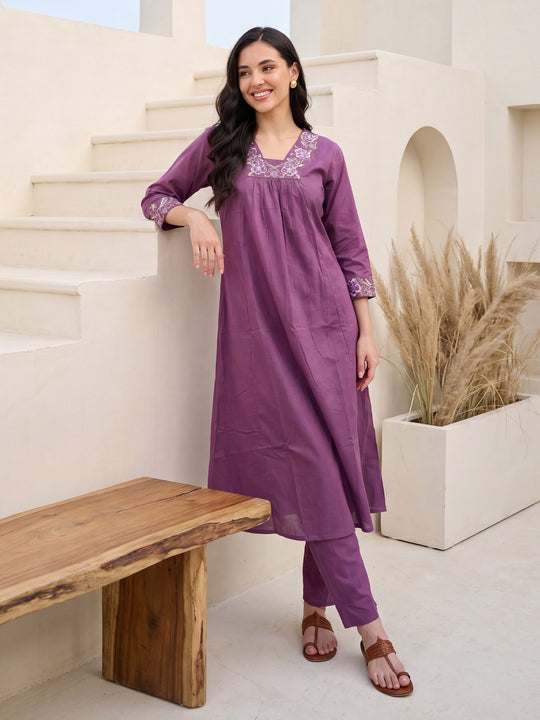 Indo Era Lavender Embroidered A-Line Kurta Trousers Set
