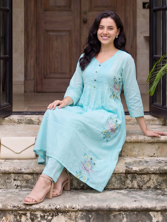 Indo Era Blue Embroidered A-Line Kurta Trousers Set