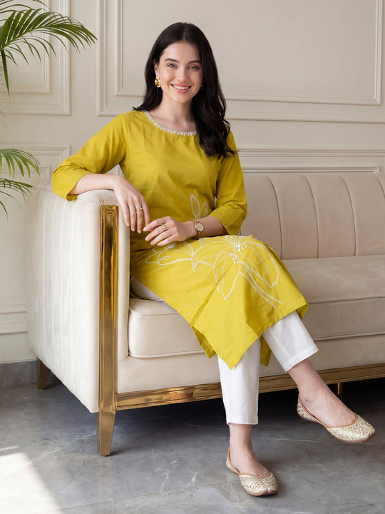 Indo Era Mustard Embroidered Straight Kurtas