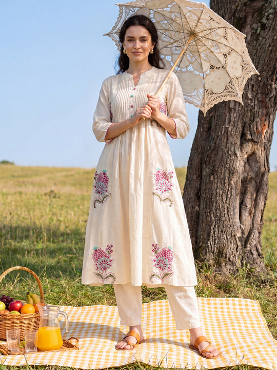 Indo Era White Embroidered A-Line Kurta Trousers Set