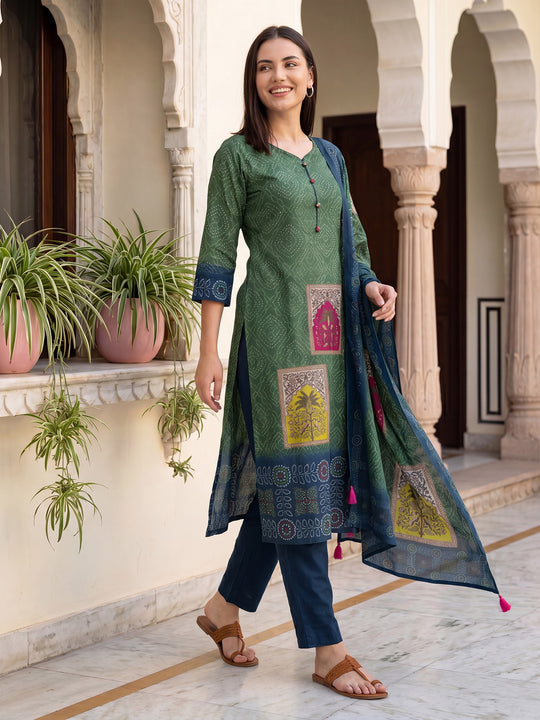 Indo Era Green Printed Straight Kurta Trousers With Dupatta Set