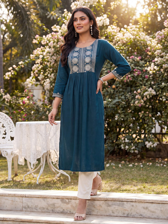 Indo Era Teal Embroidered Straight Kurtas