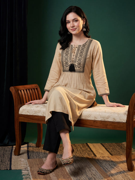 Indo Era Cream Embroidered Straight Kurtas