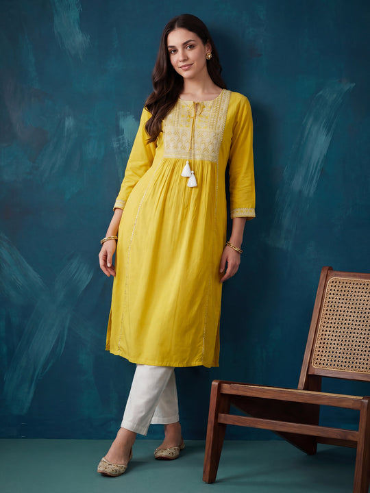 Indo Era Yellow Embroidered Straight Kurtas