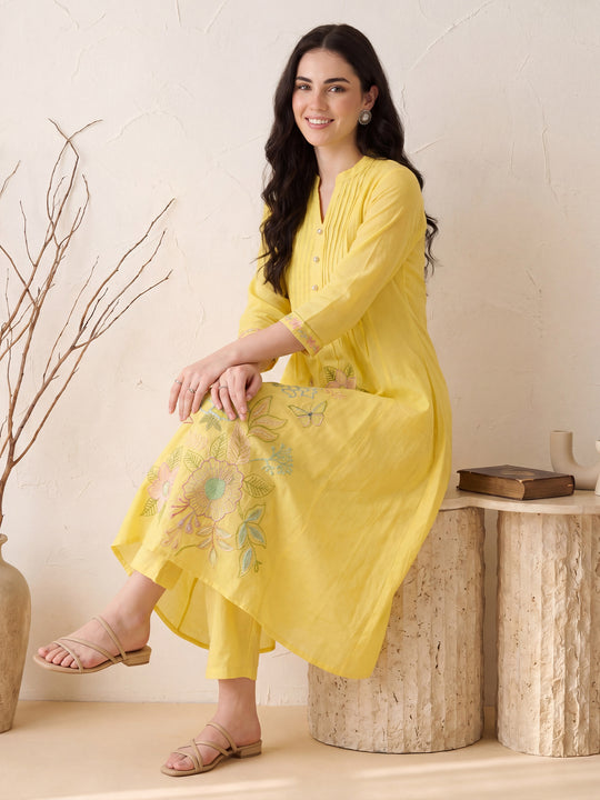 Indo Era Yellow Embroidered A-Line Kurta Trousers Set
