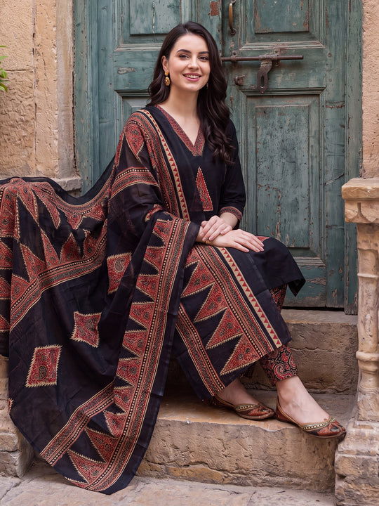 Indo Era Black Printed Straight Kurta Trousers With Dupatta Set