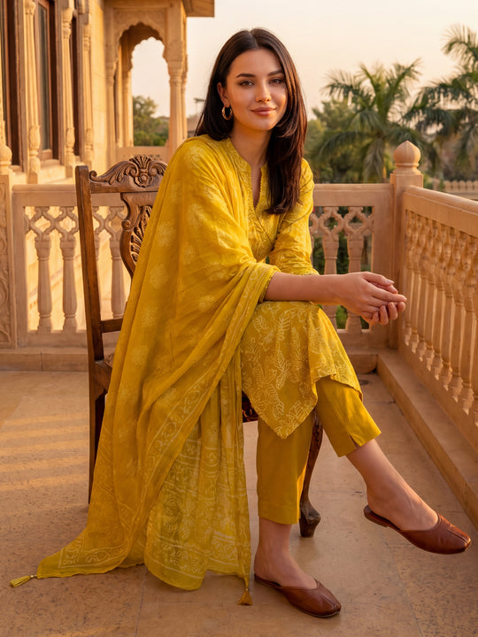 Indo Era Mustard Printed Straight Kurta Trousers Set