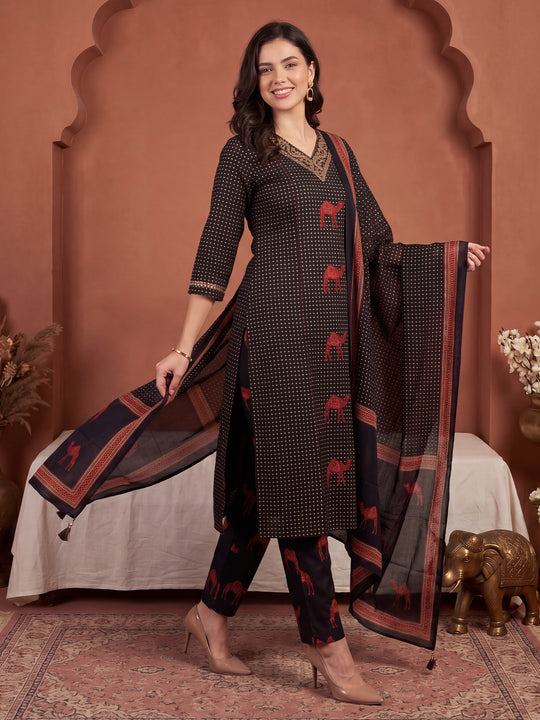 Indo Era Black Printed Straight Kurta Trousers With Dupatta Set