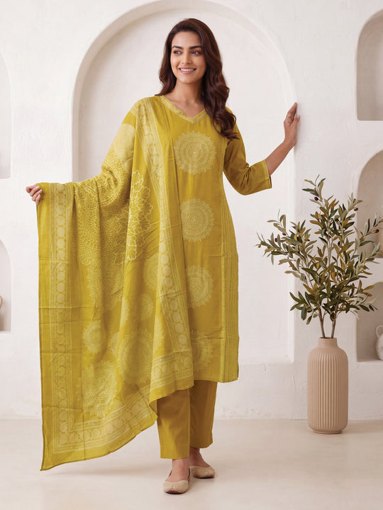 Indo Era Mustard Printed Straight Kurta Trousers With Dupatta Set