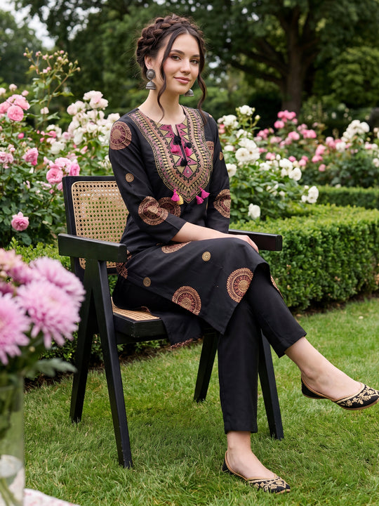Indo Era Black Embroidered Straight Kurta Trousers Set