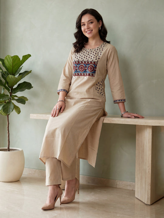 Indo Era Beige Printed Straight Kurta Trousers Set