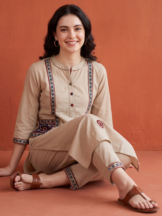 Indo Era Beige Printed Straight Kurta Trousers Set