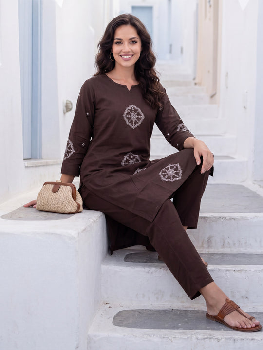 Indo Era Brown Embroidered Straight Kurta Trousers Set