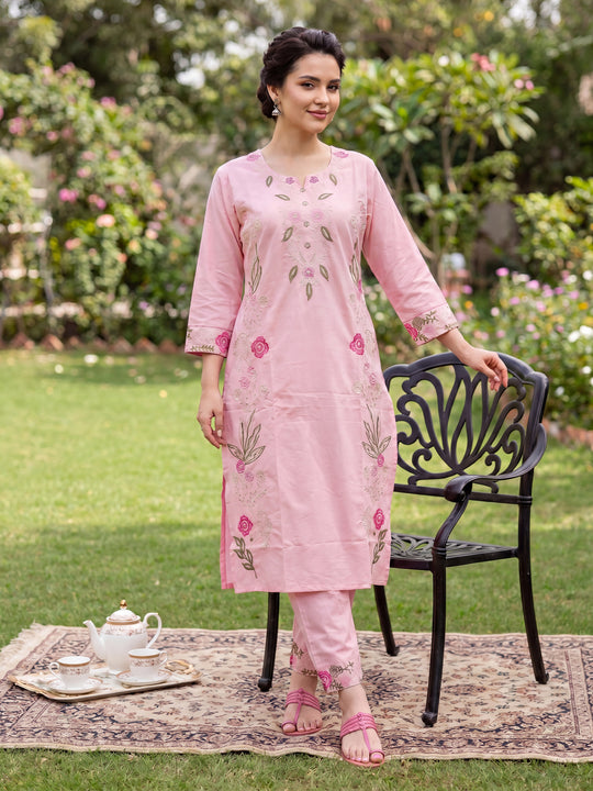 Indo Era Pink Embroidered Straight Kurta Trousers Set