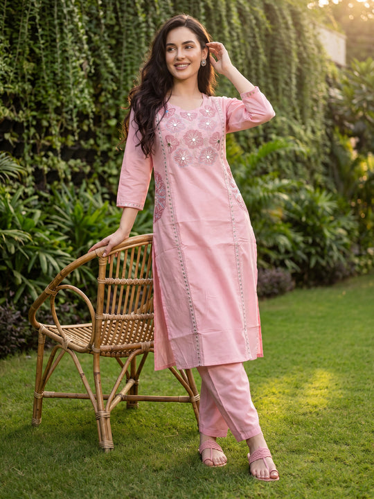 Indo Era Peach Embroidered Straight Kurta Trousers Set