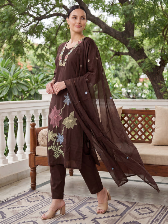 Indo Era Brown Embroidered Straight Kurta Trousers With Dupatta Set