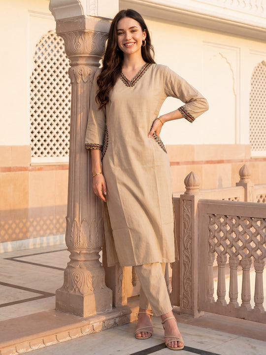 Indo Era Beige Embroidered Straight Kurta Trousers Set