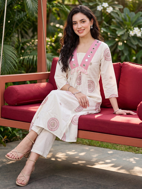 Indo Era White Printed Straight Kurta Trousers Set