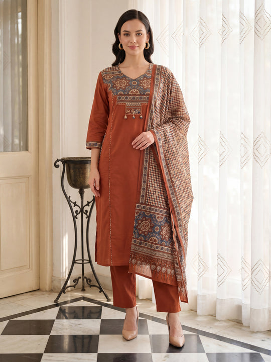 Indo Era Rust Printed Straight Kurta Trousers With Dupatta Set