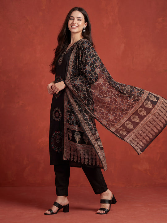 Indo Era Black Printed Straight Kurta Trousers With Dupatta Set