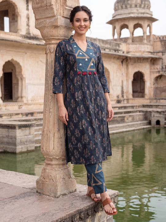 Indo Era Navy Blue Printed Straight Kurta Trousers Set