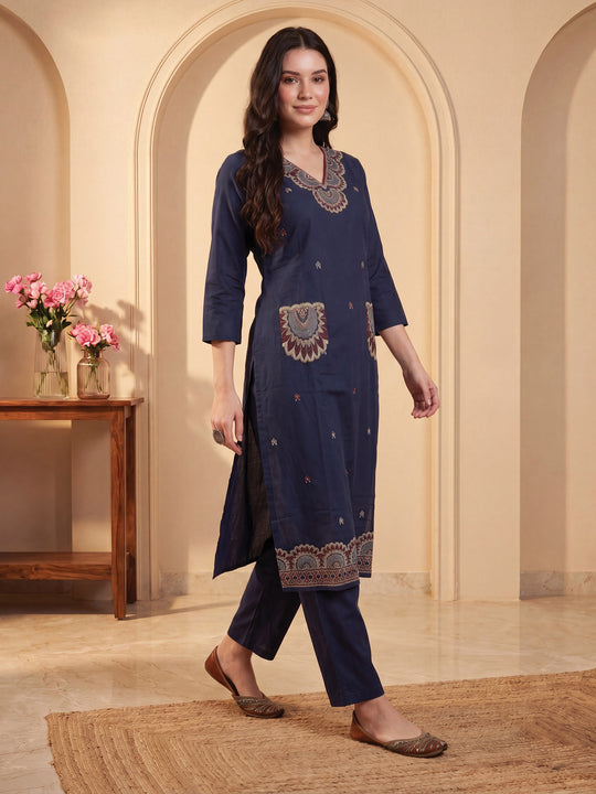 Indo Era Navy Blue Embroidered Straight Kurta Trousers Set