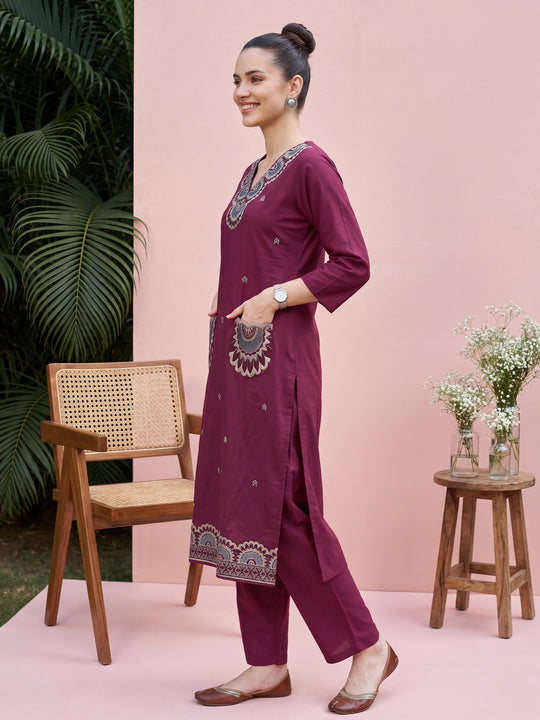 Indo Era Burgundy Embroidered Straight Kurta Trousers Set