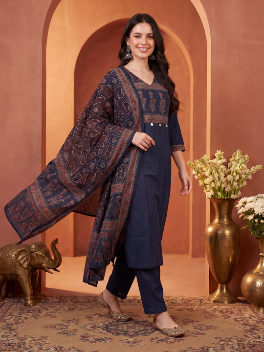 Indo Era Navy Blue Printed Straight Kurta Trousers With Dupatta Set
