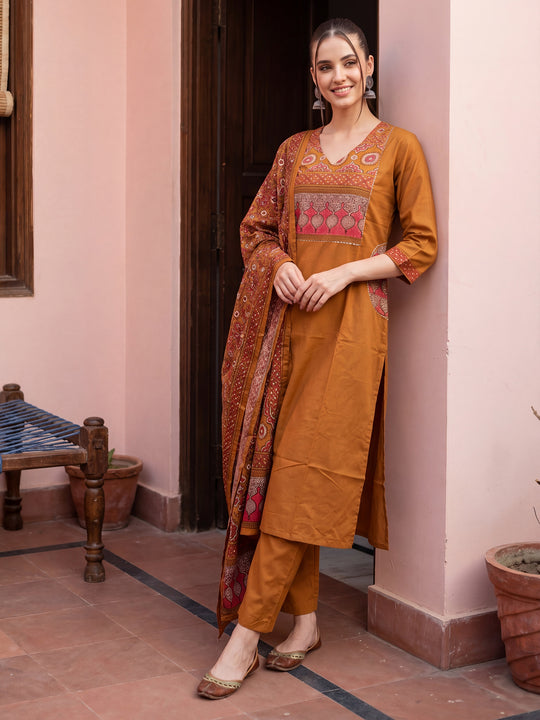 Indo Era Mustard Printed Straight Kurta Trousers With Dupatta Set