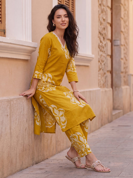 Indo Era Mustard Printed Straight Kurta Trousers Set