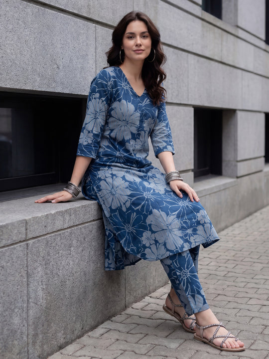 Indo Era Blue Printed Straight Kurta Trousers Set
