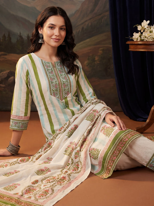 Indo Era Off White Printed Straight Kurta Trousers With Dupatta Set