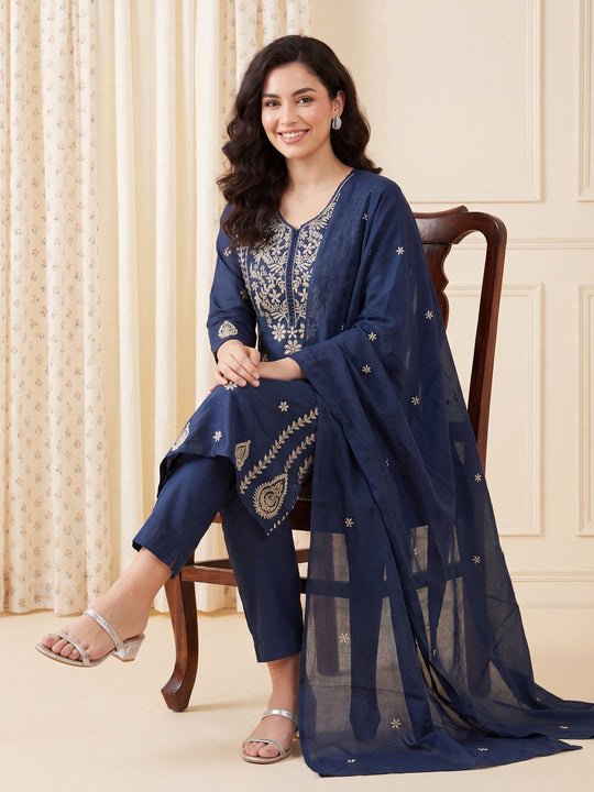 Indo Era Teal Embroidered A-Line Kurta Trousers With Dupatta Set