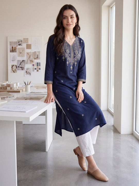 Indo Era Blue Embroidered Straight Kurtas